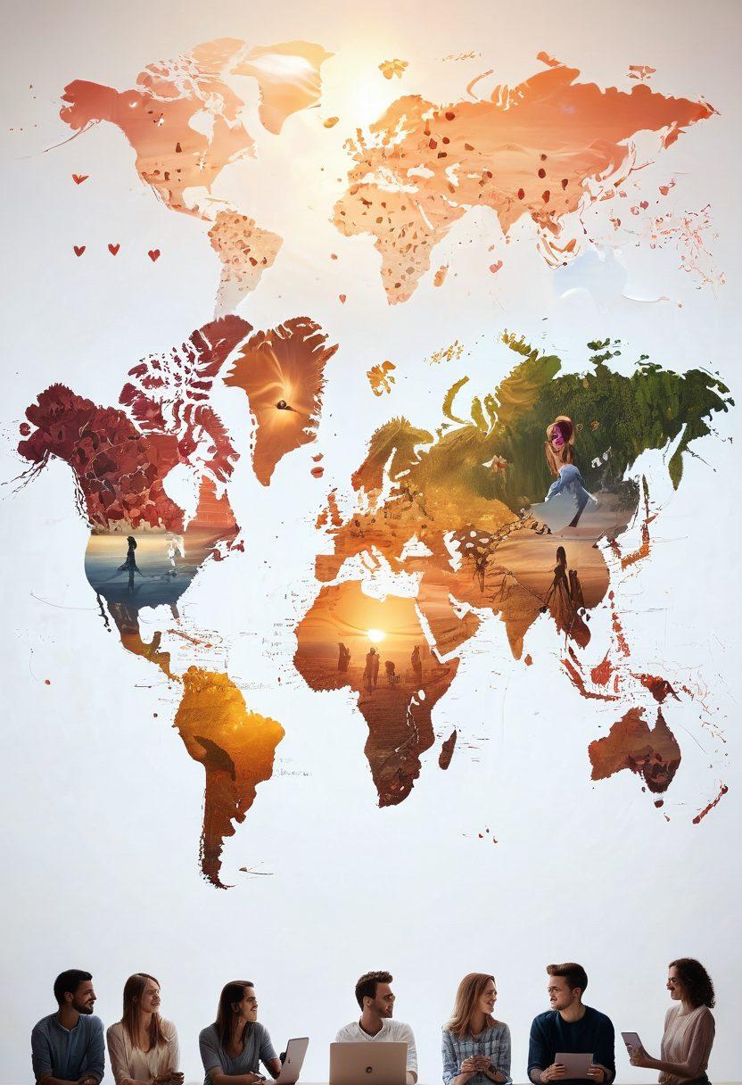 A collage featuring a world map with digital hearts connecting distant locations, diverse smiling couples engaging in video chats and online dating apps, and a serene sunset symbolizing hope and connection. super-realistic. vibrant colors. white background.