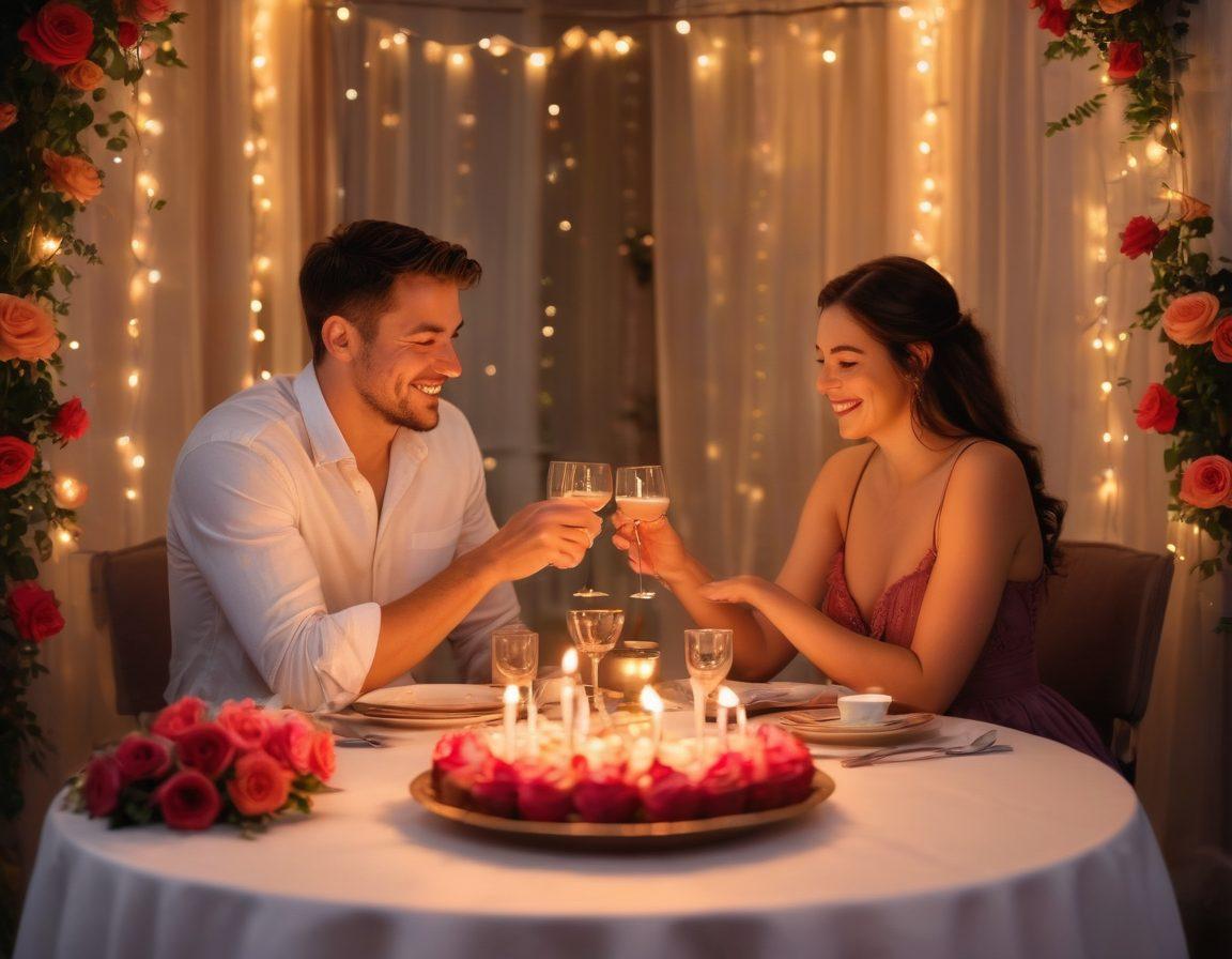 A cozy, candlelit dinner scene with a couple holding hands and smiling, surrounded by soft, ambient light and romantic decorations like roses and fairy lights. Include a mix of playful and intimate moments, like sharing a dessert and gazing into each other's eyes. super-realistic. warm, vibrant colors. romantic, serene atmosphere.