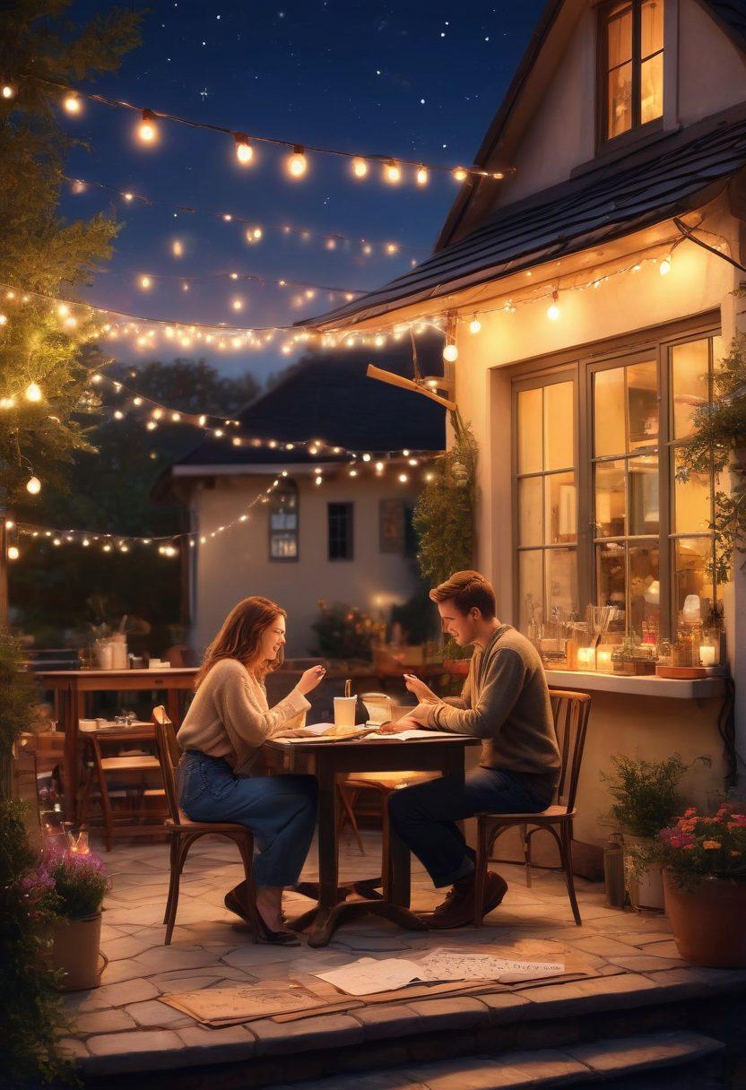 A charming couple laughing together under fairy lights in a cozy cafe at dusk, with handwritten love letters and a vintage notebook on the table. Diverse couples share smiles and intimate glances. Warm, inviting ambiance with soft, glowing lights and a hint of rustic decor. Illustration. vibrant colors.